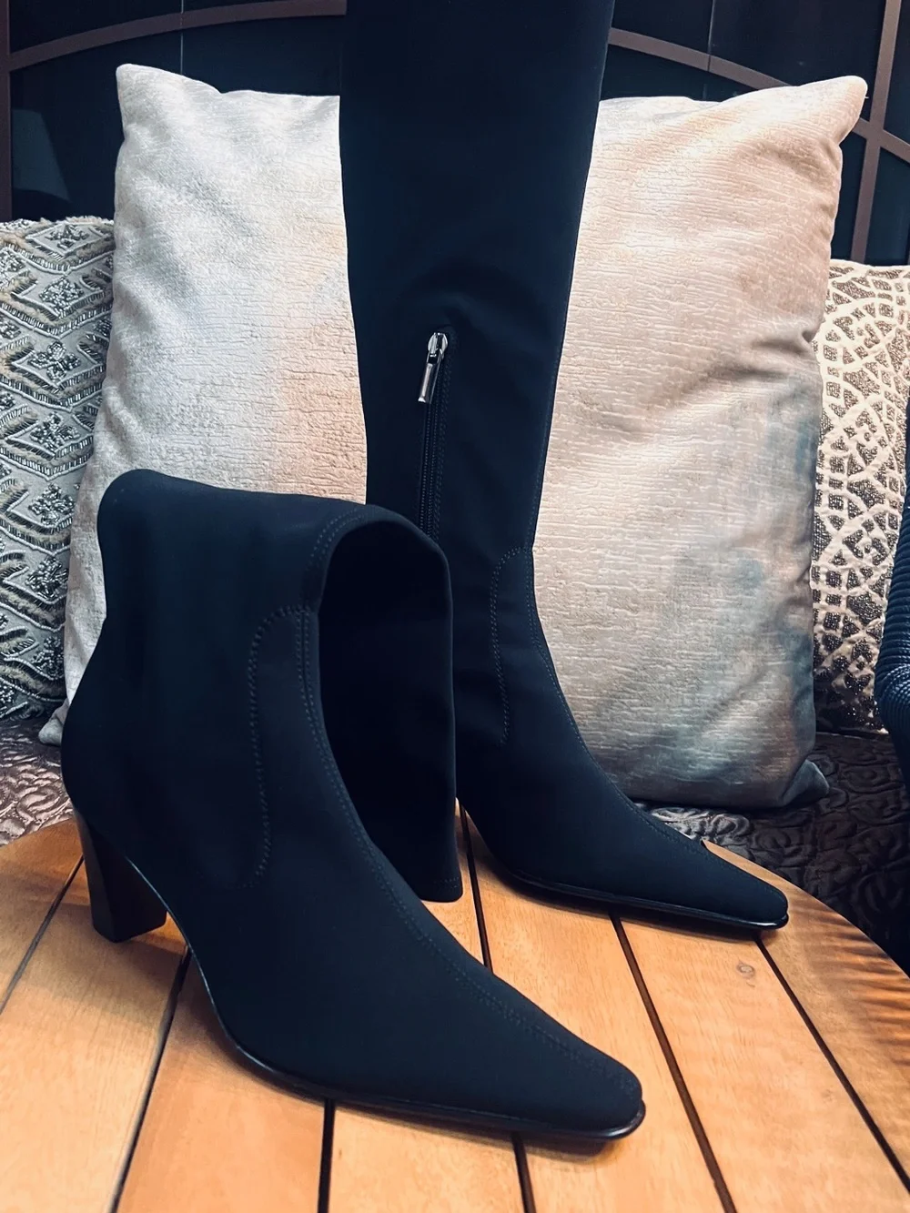 Aqualia Black Over-the-Knee Pointed Toe Stretch Boots with Side Zipper , Italy